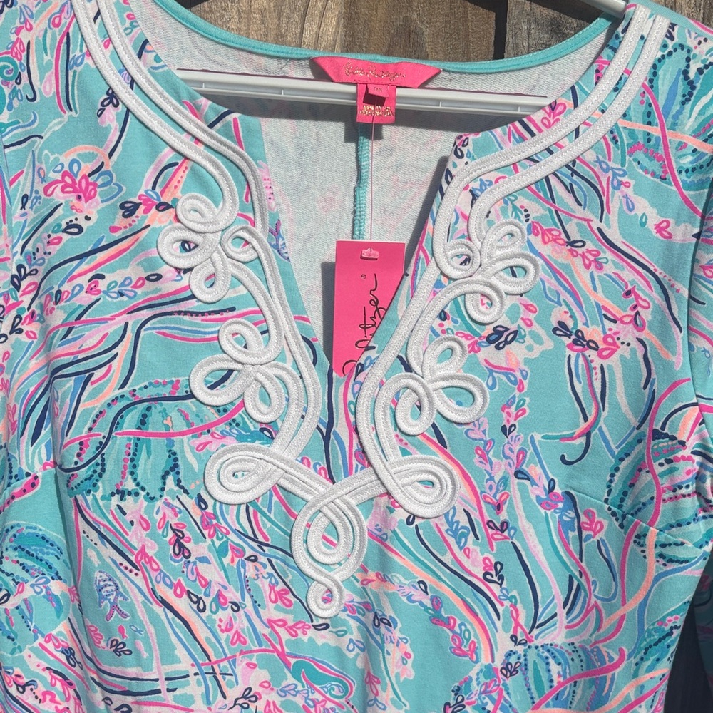 Lilly Pulitzer Aqua and Pink Long-Sleeve Embroidered Shift Dress